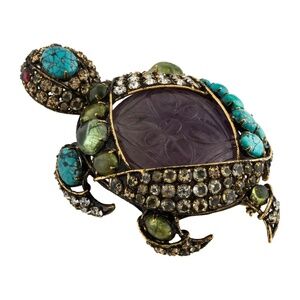 IRADJ MOINI Turtle Gemstone Brooch Pin Pendant 3.75"